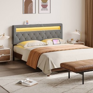 Greenstell Upholstered Headboard with LED  Lights & Charging Station, Modern Fabric Headboard for Bedroom, Adjustable Height & Easy Assembly, Black - 1 of 4