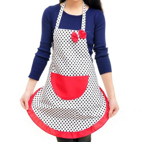 PiccoCasa Dots Pattern Halter Neck Pocket Canvas Cooking Apron Black Red  White 1 Pc 30