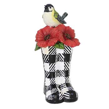 Home Decor Bird On Checkered Boot  -  One Figurine 7.0 Inches -  Figurineflowers Wellies  -   -  Polyresin  -  Black