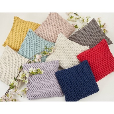 20" Off-White Cotton Crochet Pom-Pom Square Throw Pillow