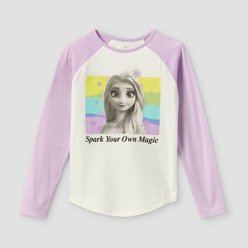 Girls' Frozen Spark Your Own Magic Raglan Long Sleeve Graphic T-shirt - Purple/off-white : Target