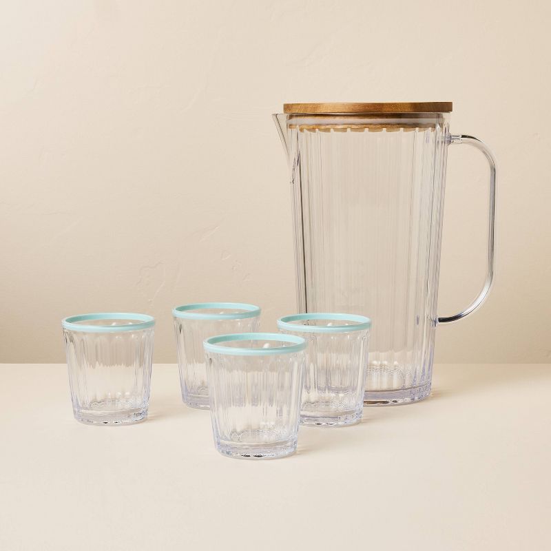 6pc Ribbed Plastic Pitcher and Tumbler Serving Set Clear/Light Blue - Hearth &#38; Hand&#8482; with Magnolia, 1 of 8