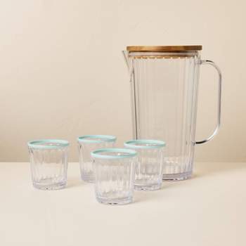 6pc Ribbed Plastic Pitcher and Tumbler Serving Set Clear/Light Blue - Hearth & Hand™ with Magnolia