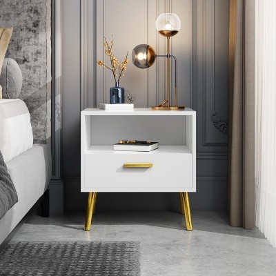 FUFU&GAGA White Nightstand with Drawer Storage Compartment High Legs