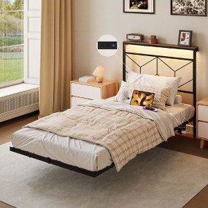 Hausource Floating Bed Frame with LED, Storage Headboard, Charging Station, No Box Spring Needed - 1 of 4