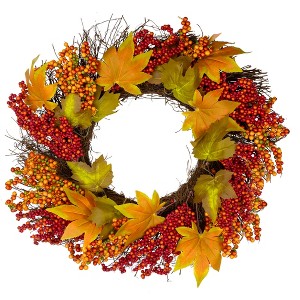 Northlight Maple Leaf and Berry Twig Artificial Fall Harvest Wreath, 22-Inch - 1 of 4