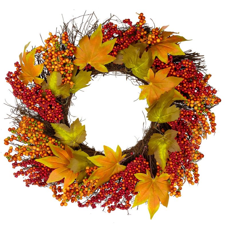 Northlight Maple Leaf and Berry Twig Artificial Fall Harvest Wreath, 22-Inch, 1 of 5