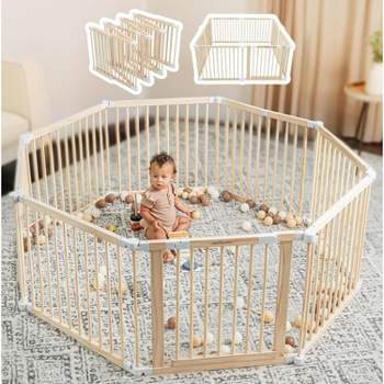 Baby Playpen & Baby Gate for Toddler and Babies, Foldable Wooden Large Shape Playpen with Locking Gate  by Comfy Cubs