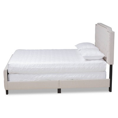 Elegant Beige Linen King Bed with Tufted Headboard and Nailhead Trim