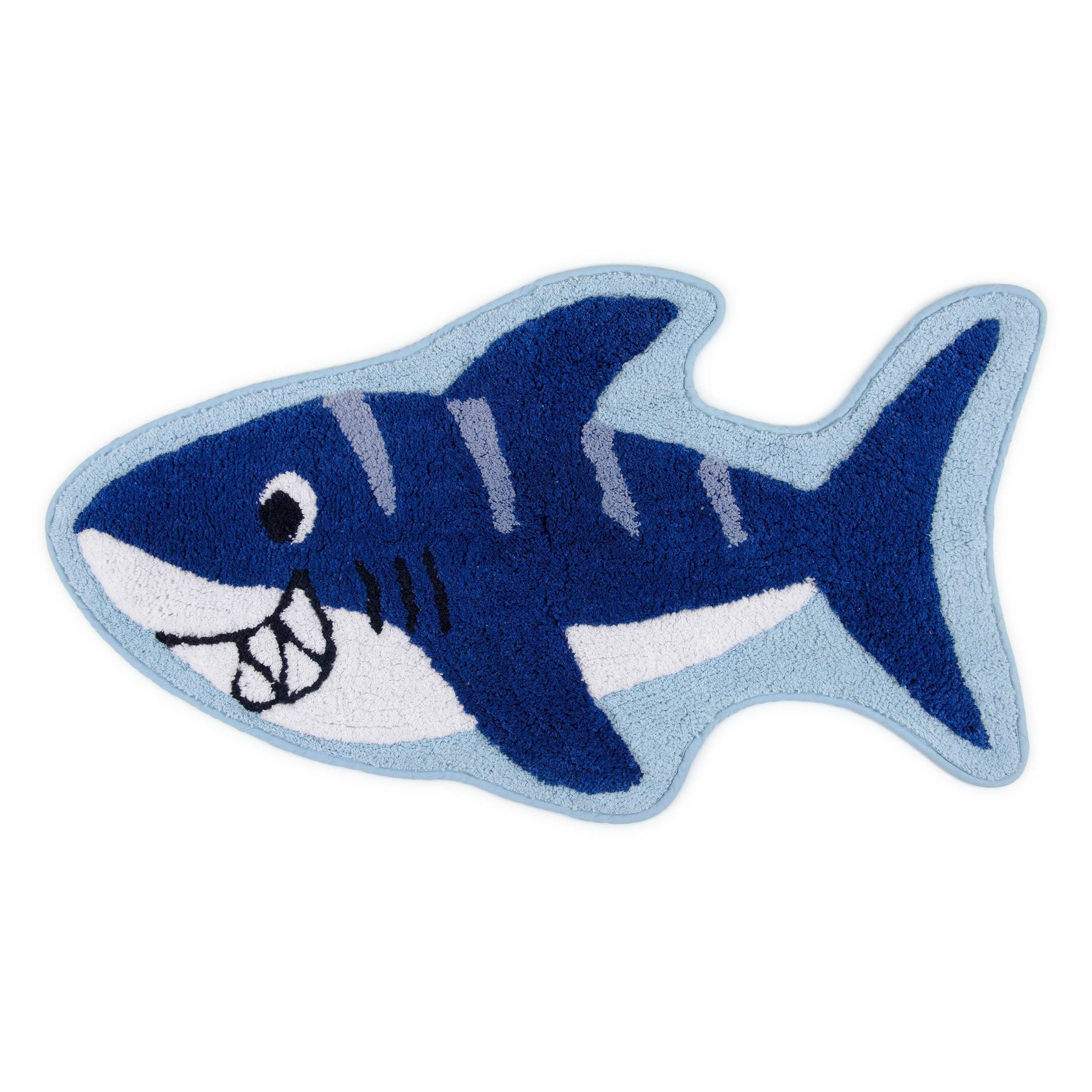 Allure Home Colorful Sharks Kids' Bath Rug: Tufted Cotton, Novelty Shape, Machine Washable, 1'8"x3'2", Blue Animal Pattern