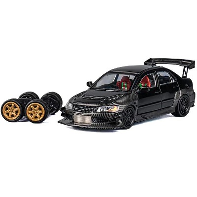 Mitsubishi Lancer Evolution IX RHD (Right Hand Drive) Black and Carbon with Extra Wheels 1/64 Diecast Model Car by CM Model