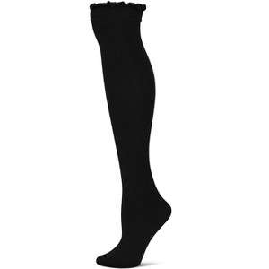 Memoi Women's Lace Trim Fleece Over The Knee Socks Black One Size - 1 of 4