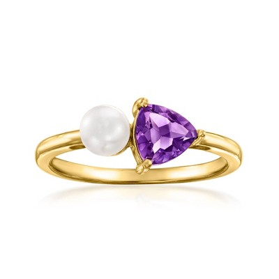 Ross-Simons 5mm Cultured Pearl and .60 Carat Amethyst Toi Et Moi Ring in 14kt Yellow Gold Size 7