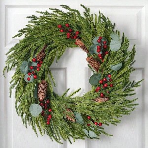 22 Inch Artificial Norfolk Pine Wreath with Pine Cones Eucalyptus and Red Berries for Front Door Indoor Outdoor Holiday Decor - 1 of 4