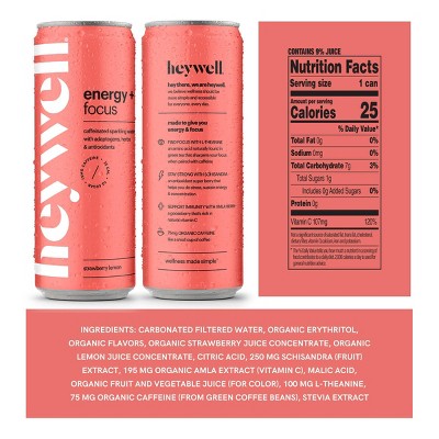heywell Energy + Focus Strawberry Lemon Sparkling Water - 12 fl oz Can