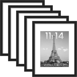 upsimples 11x14 Picture Frame Set of 5, Display Pictures 8x10 with Mat or 11x14 Without Mat, Wall Gallery Photo Frames, Black - 1 of 4