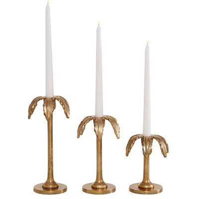 Set of 3 Aluminum Palm Tree Taper Candle Holders Gold - Olivia & May