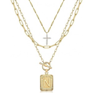 Layered Initial Necklace for Women, 14K Gold Plated Letter Pendant with Cross Charm, Paperclip Chain Choker Jewelry - 1 of 4