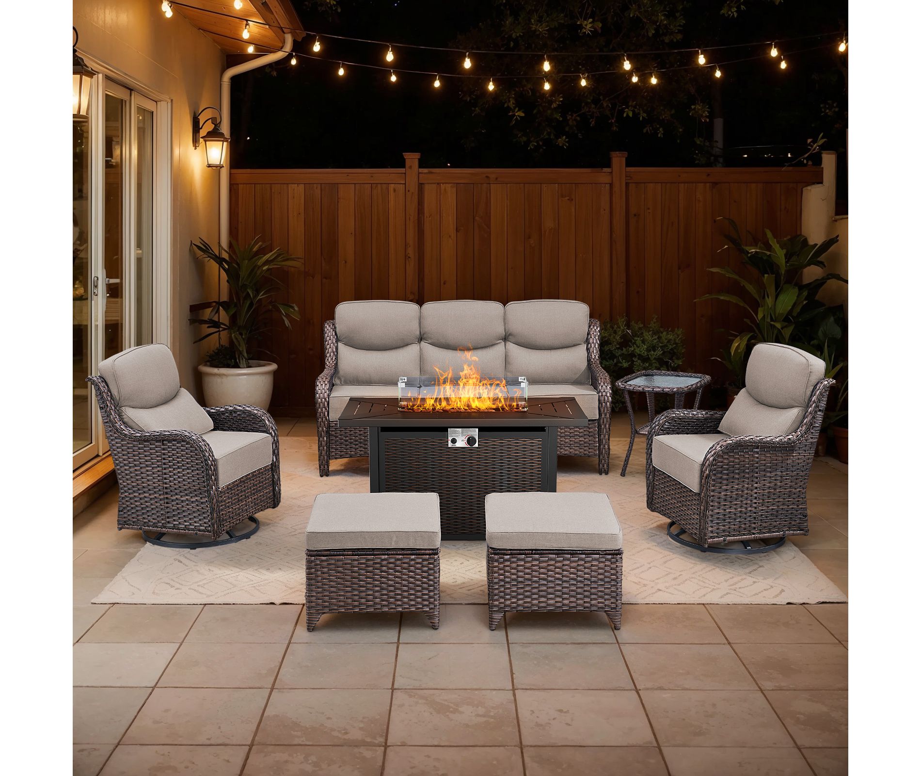 Belord Patio Furniture Set with 6-INCH Extra Thick Cushion, 7 Pieces Patio Furniture Set with Firepit Table, Swivel Chair, Couch, Side Table, Ottoman