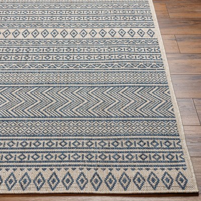 Antibes Navy Blue and Beige Synthetic Fur Stripe Rectangular Rug