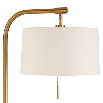 Brass Arc Floor Lamps with White Linen Shades and Glass Tray Tables