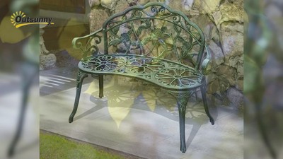 Antique Green Cast Aluminum Outdoor Bench with Floral Design
