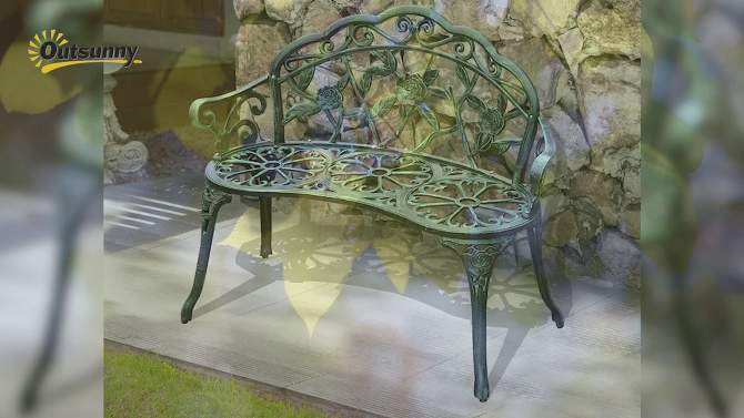 Outsunny Outdoor Bench, Cast Aluminum Outdoor Furniture, Metal Bench with Floral Rose Accent & Antique Finish, Green, 2 of 9, play video