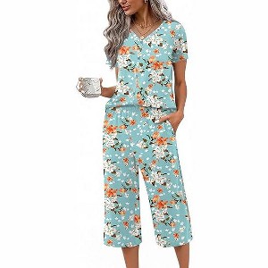 Ekouaer Women's Pajama Sets Short Sleeve Sleepwear Button Up Pj Loungewear Top and Capri Pants with Pockets - 1 of 4