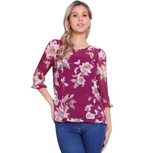 INSPIRE CHIC Women's Round Neck Ruffle 3/4 Sleeve Floral Print Chiffon Blouse - 1 of 4