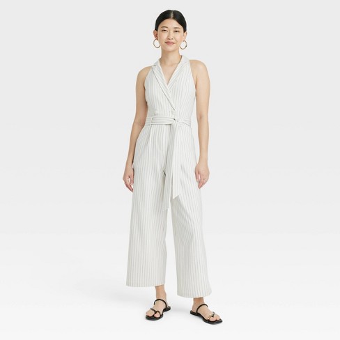 Women s Tailored Maxi Jumpsuit A New Day Cream Striped Xl Target