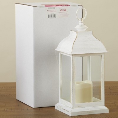 Distressed White LED Lantern with Built-In Candle