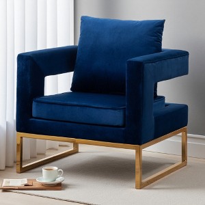 Velvet-Like Contemporary Accent Armchair with Cut-Out Armrests and Gold Metal Frame - 1 of 4
