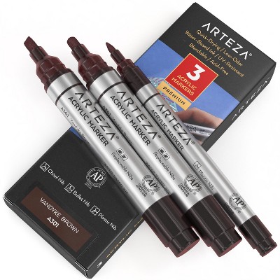Arteza Acrylic Markers (A301 Vandyke Brown), 2 Big Barrel (chisel+bullet nib) + 1 Small Barrel, Single Color - 3 Pack (A