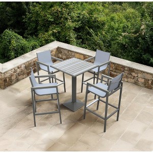 Marina Outdoor Patio Barstool in Gray Powder Coated Finish with Gray Sling Textilene and Gray Wood Accent Arms - 1 of 4