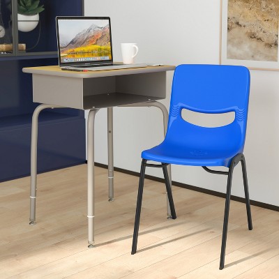 Emma and Oliver Desk/Chair Set with Metal Open Front Storage Box, Desktop, Metal Frame and Stackable Flex Comfort Classroom Chair