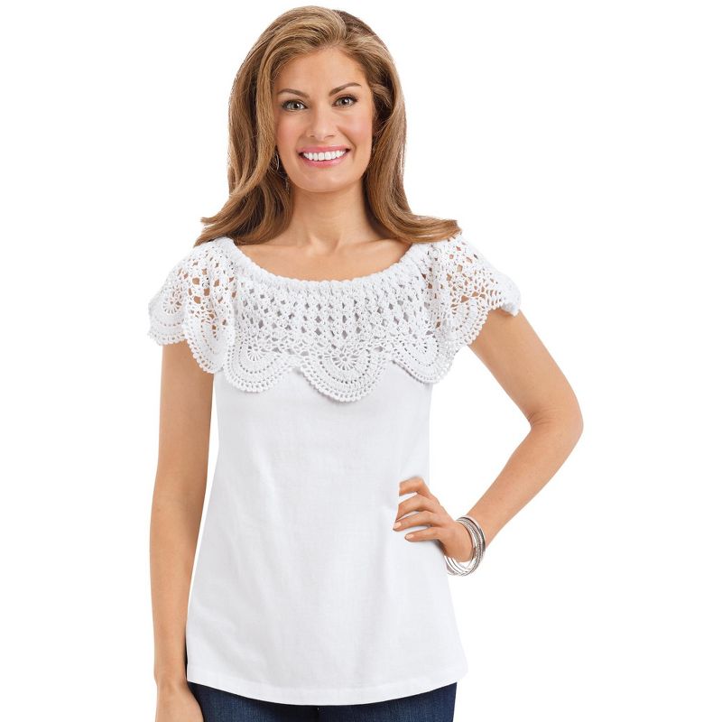 Collections Etc On-Off Shoulder Scalloped Crochet Short Sleeve Top, 3 of 5