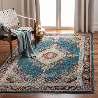 Navy and Turquoise Distressed Synthetic Area Rug, 5'3" x 7'6"