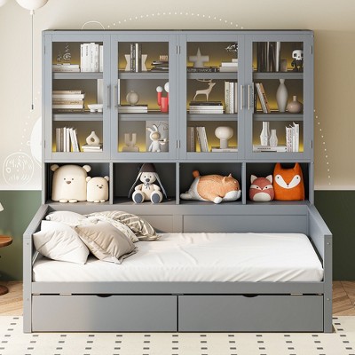 Twin/Full Size Wooden Daybed with Glass-Door Storage Cabinets, Built-in LED Lighting, Drawers and Open Shelves, White/Gray-ModernLuxe