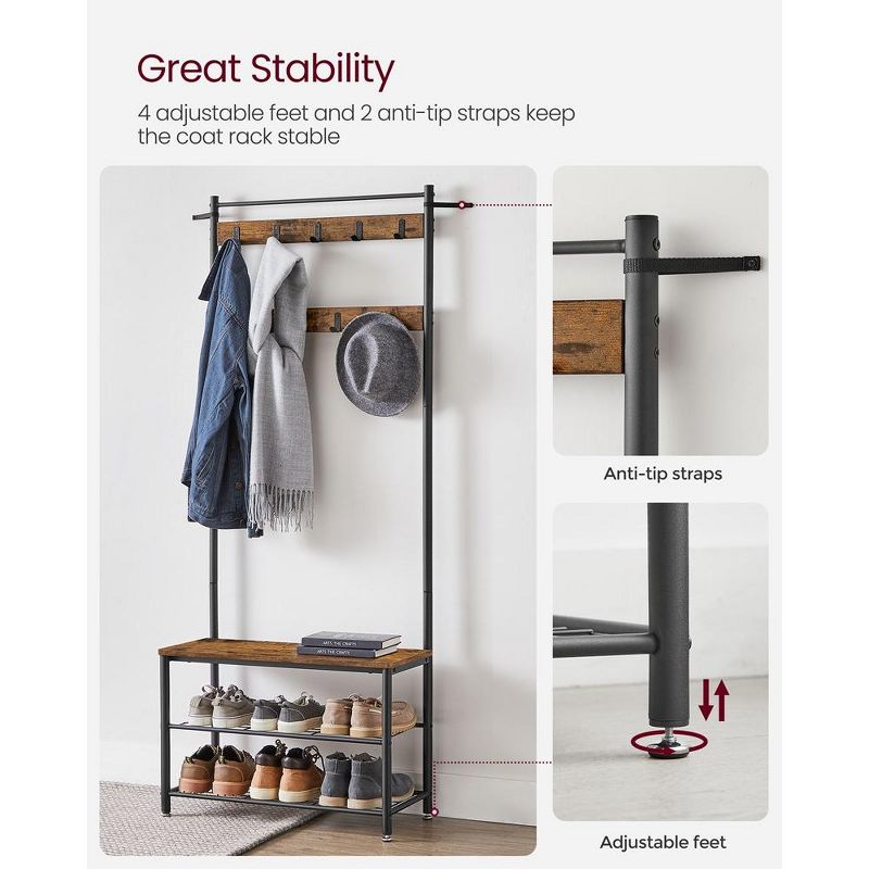 VASAGLE Hall Tree Entryway Coat Rack with Shoe Bench, 5 of 8