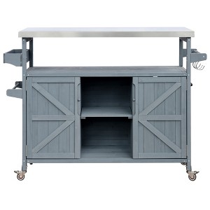 Gulches Grey Blue Farmhouse Solid Wood Outdoor Kitchen Island - Rolling Grill Table with 201 Stainless Steel Top, Spice Rack, Towel Rack - 1 of 4