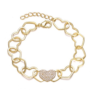 Guili 14K Yellow Gold Plated Heart Charm Link Bracelet with Sparkling Cubic Zirconia Pave Design- Elegant & Trendy Jewelry for Teens