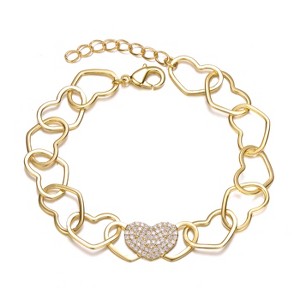 Guili 14K Yellow Gold Plated Heart Charm Link Bracelet with Sparkling Cubic Zirconia Pave Design- Elegant & Trendy Jewelry for Teens - 1 of 3