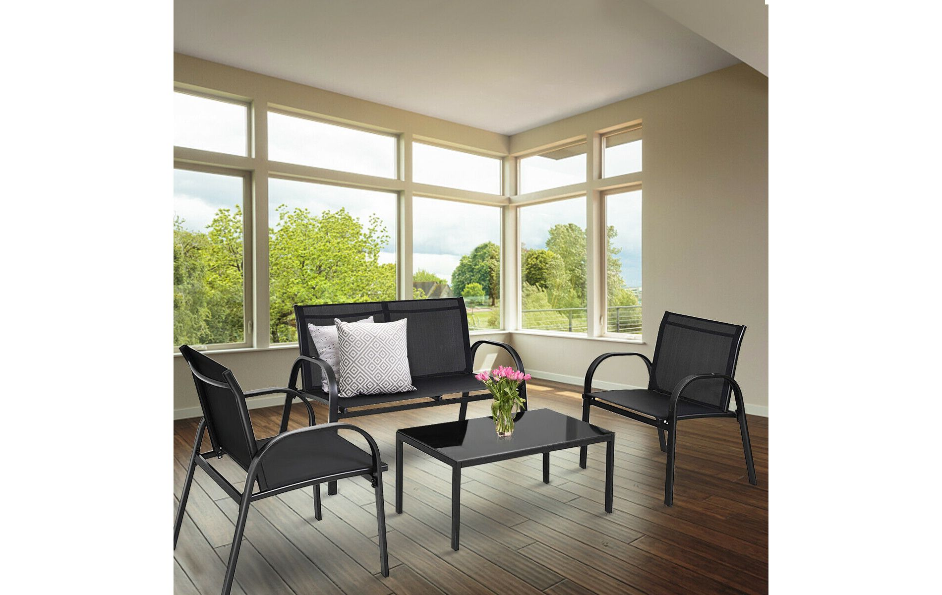 Costway 4 PCS Patio Furniture Set Sofa Coffee Table Patio Seating Set Garden Deck Black