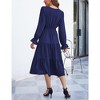 Women's Casual Wrap V Neck Midi Dress Long Sleeve Smocked Waist Tiered A Line Pleated Flowy Long Dress - 3 of 4