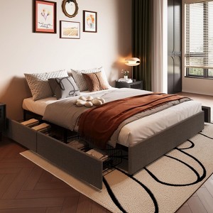 Bed Frame, Platform Bed Frame, Fabric Upholstered with 4 Storage Drawers, No Box Spring Needed, Wooden Slats Support - 1 of 4