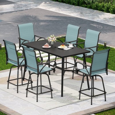 Captiva Designs 7pc Slatted Top Rectangle Metal Bar Table with X-Shaped Cross Bracket & Sling Swivel Bar Stools
