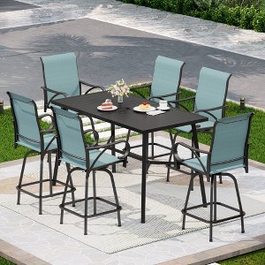 Captiva Designs 7pc Slatted Top Rectangle Metal Bar Table with X-Shaped Cross Bracket & Sling Swivel Bar Stools - 1 of 4