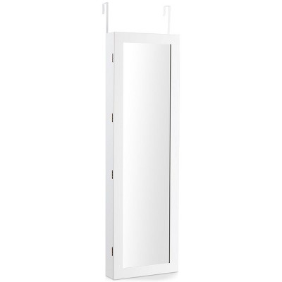 Tangkula Wall Mounted Mirrored Jewelry Organizer White Armoire Cabinet w/ LED & Lock