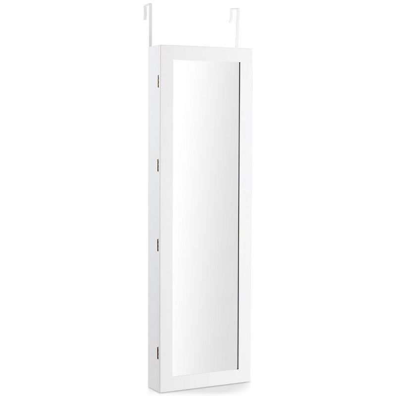 Tangkula Wall Mounted Mirrored Jewelry Organizer White Armoire Cabinet w/ LED & Lock, 1 of 10