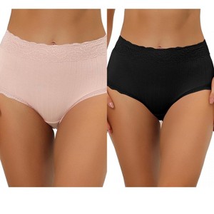 Allegra K Women's High Waist Tummy Control Comfortable Lace Trim Ribbed Brief 2 Packs - 1 of 4